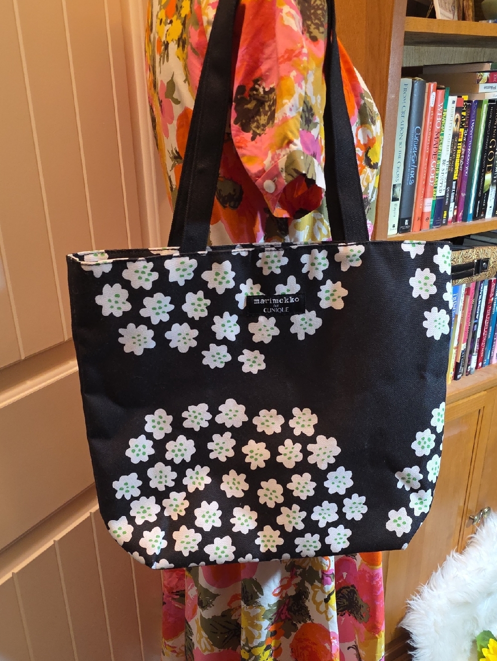 Marimekko Black Floral Canvas Tote with White and Light Green Flowers